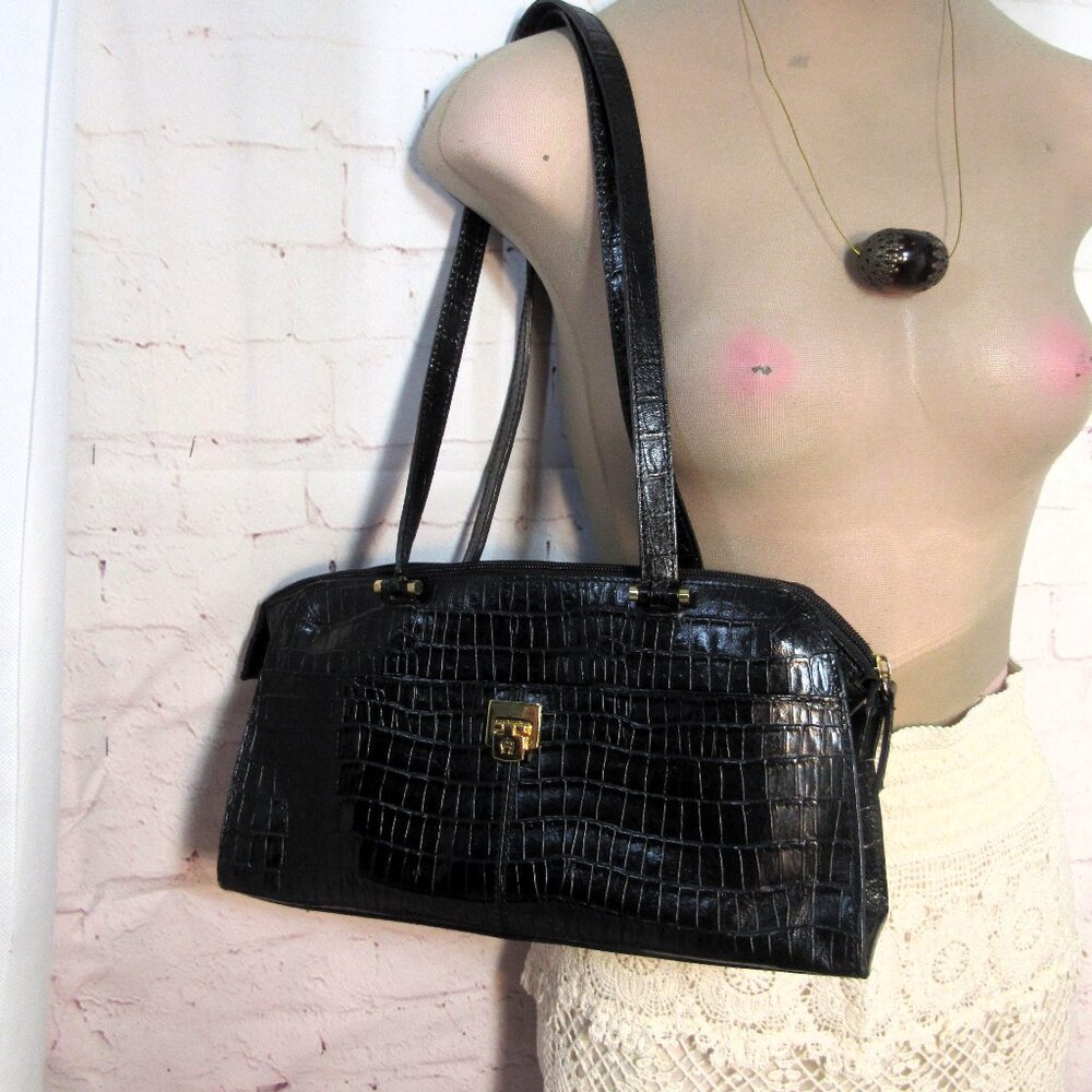 Etienne Aigner Black Croc-Embossed Shoulder Bag - Picture 2 of 8